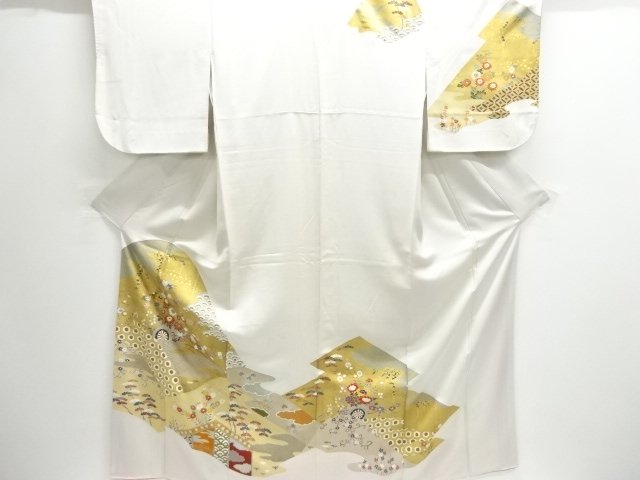 JAPANESE KIMONO / HOMONGI / KINSAI / EMBROIDERY / MOUNTAIN & FLOWER CART 